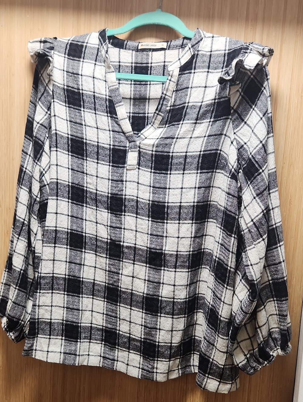 Marine Layer Black and White Plaid Ruffle-Shoulder Tunic Top